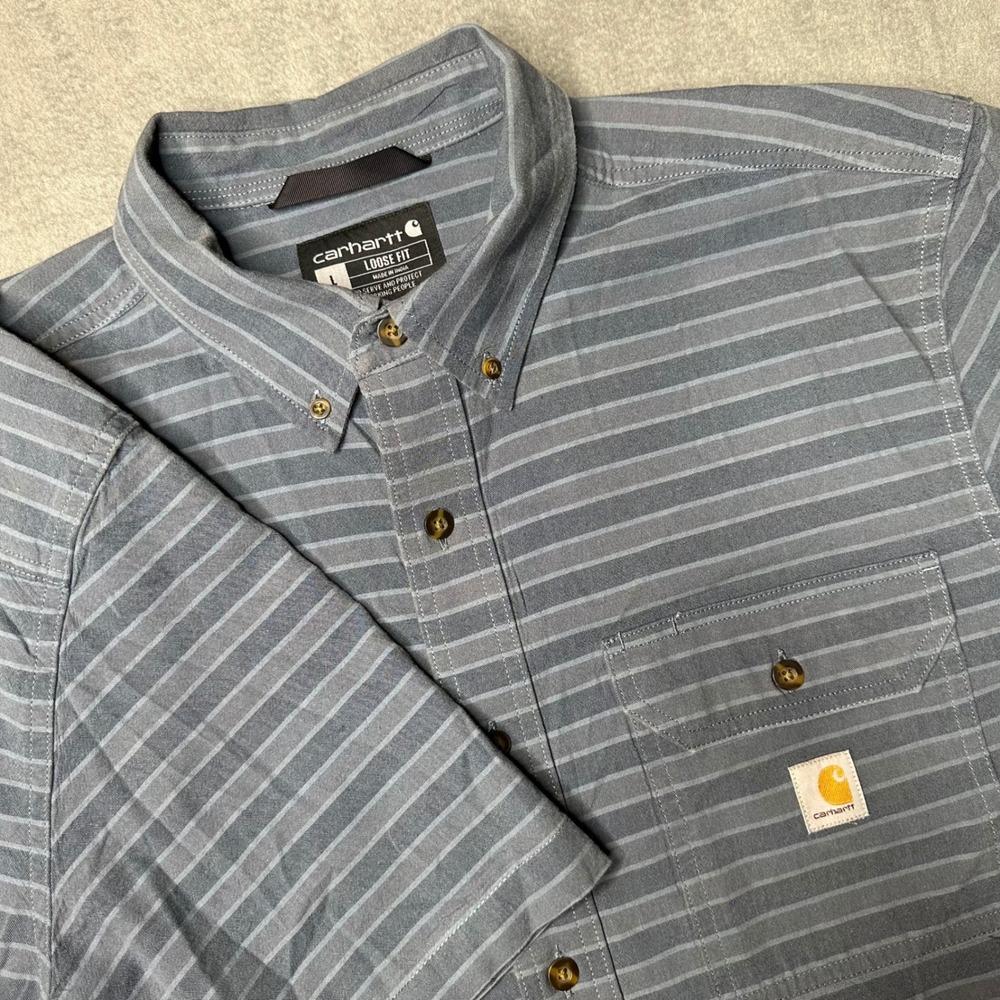 Carhartt Button Down Shirt Mens L Blue Striped Short Sleeve Loose Fit 105175 BLS